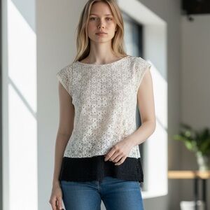 ⭐️ Anthropologie Weston Wear Lace Crochet Cream & Black Tunic Short Sleeve Top